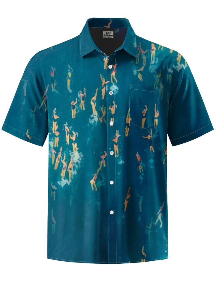 Alohadaddy® Vintage Swimming Painting Print Art Chest Pocket Mens Short Sleeve Shirt Big &amp; Tall