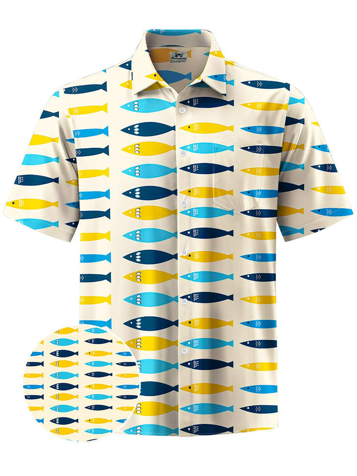 Alohadaddy® Casual Geometric Fish Art Print Chest Pocket Mens Short Sleeve Shirt Big &amp; Tall