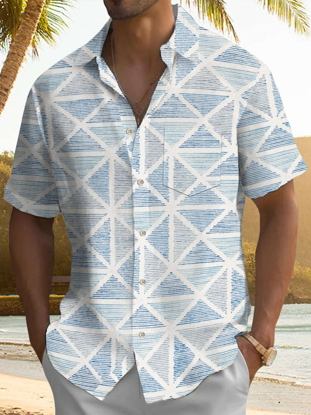 Alohadaddy® Casual Geometric Art Print Chest Pocket Men&