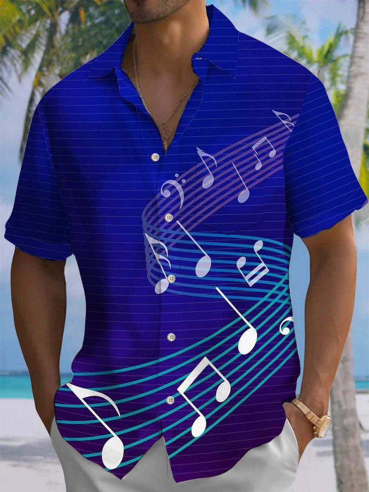 Alohadaddy® Vintage Striped Musical Notes Printed Artwork Chest Pocket Stretch Men&