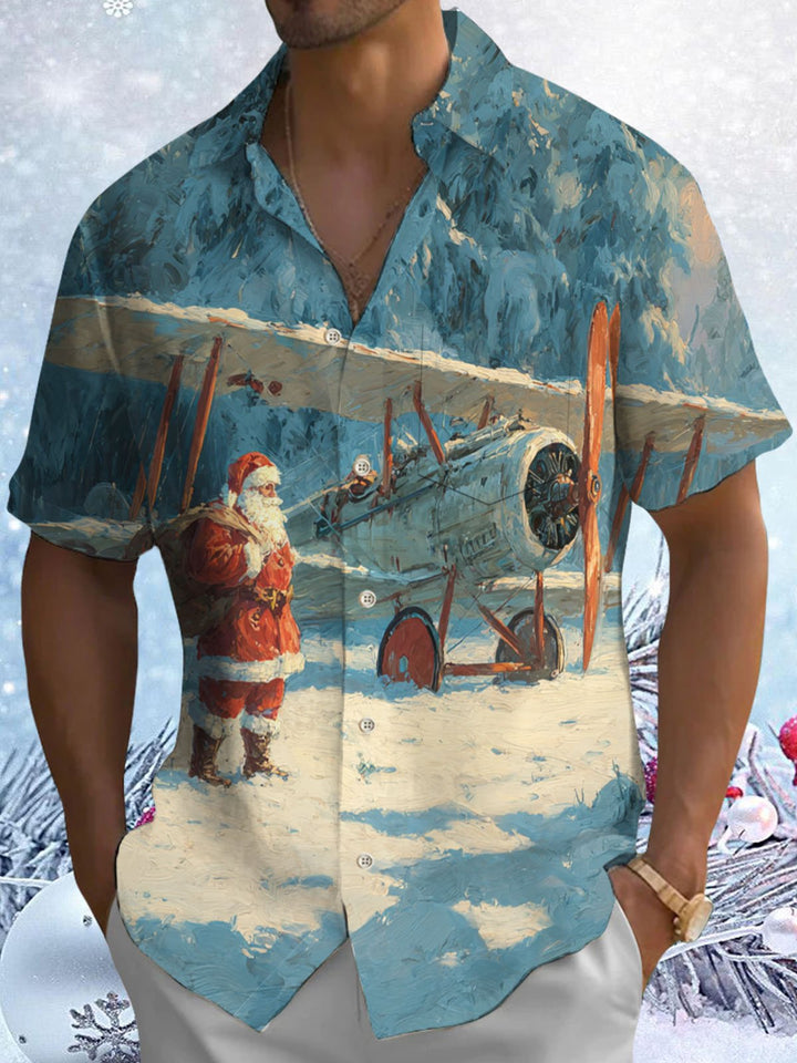 Alohadaddy® Christmas Biplane Santa Claus Printed Pocket Elastic Button Men&