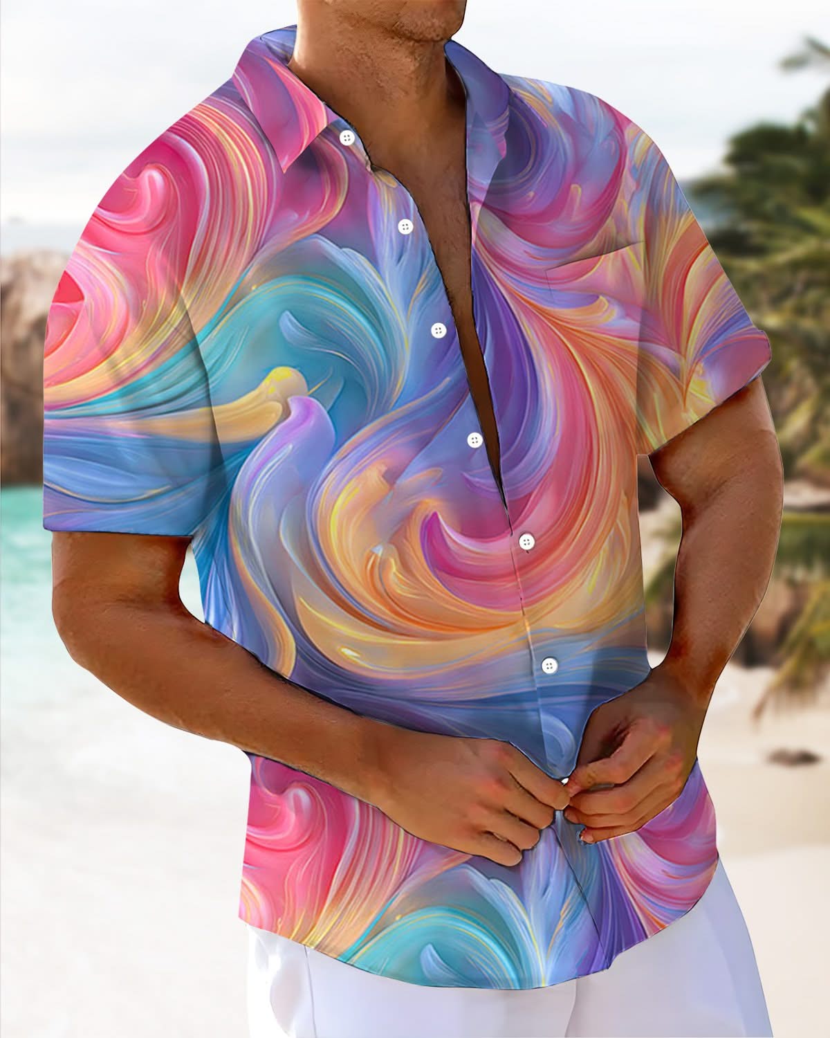 Alohadaddy® Casual Abstract Print Art Pocket Button Stretch Men's Short Sleeve Shirt Big & Tall