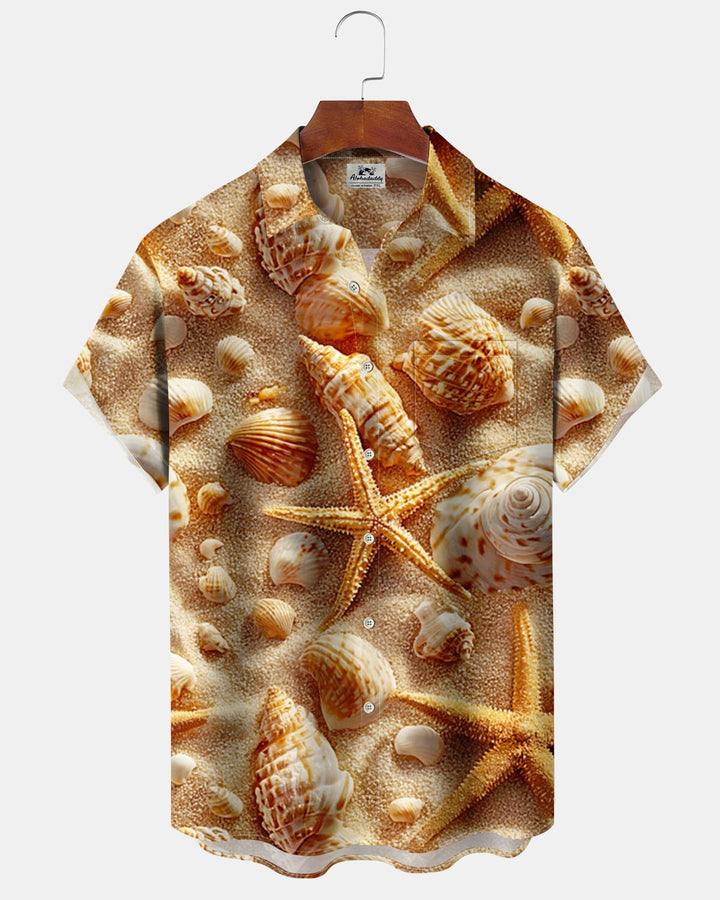 Alohadaddy® Hawaiian Beach Seashell Print Artistic Stretch Button Pocket Men&