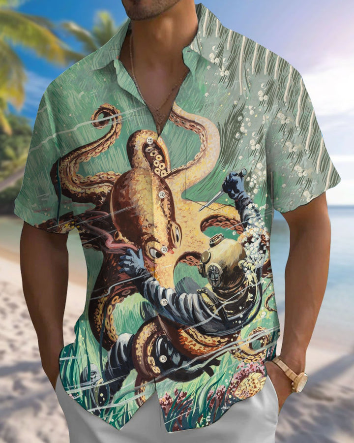 Alohadaddy® Retro Poster Octopus Print Art Pocket Button Men&