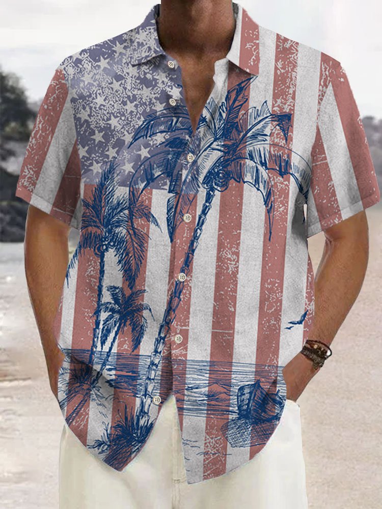 Alohadaddy Vintage Cotton American Flag Coconut Tree Print Breast Pocket Shirt Plus Size Shirt