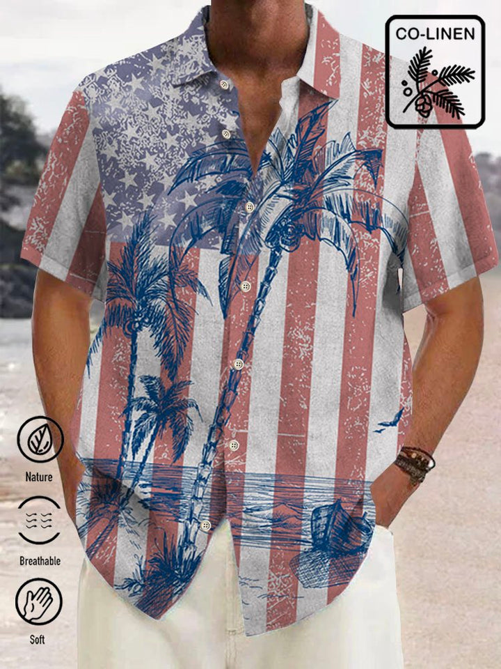 Alohadaddy Vintage Cotton American Flag Coconut Tree Print Breast Pocket Shirt Plus Size Shirt