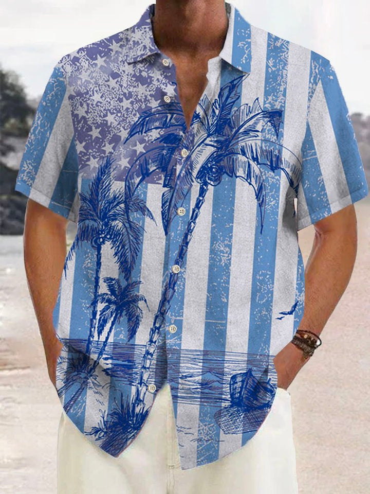 Alohadaddy Vintage Cotton American Flag Coconut Tree Print Breast Pocket Shirt Plus Size Shirt
