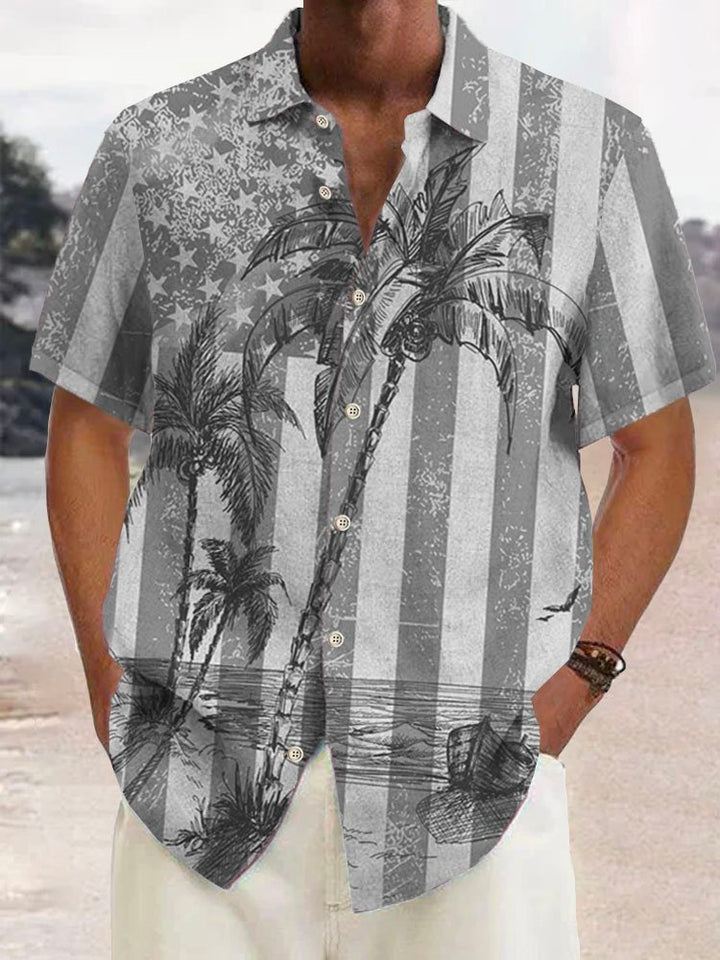 Alohadaddy Vintage Cotton American Flag Coconut Tree Print Breast Pocket Shirt Plus Size Shirt