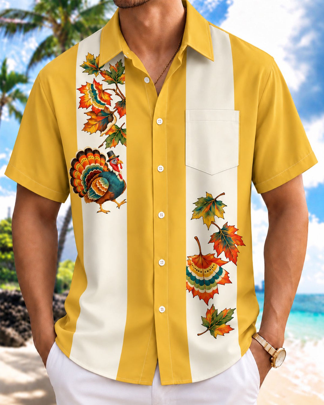 Alohadaddy® Thanksgiving Maple Leaf Turkey Striped Print Men&