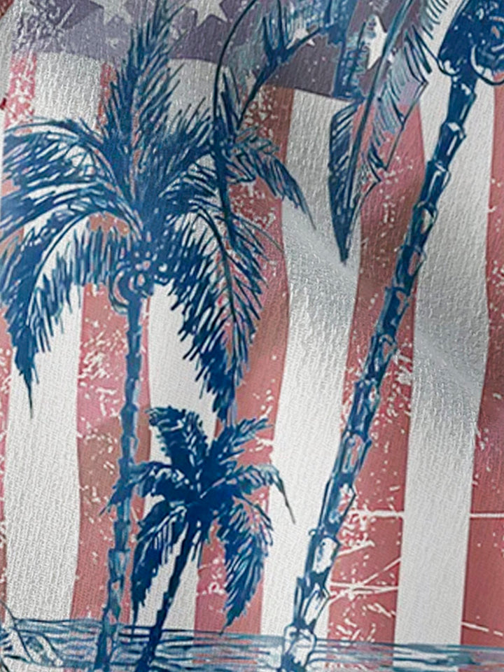 Alohadaddy Vintage Cotton American Flag Coconut Tree Print Breast Pocket Shirt Plus Size Shirt