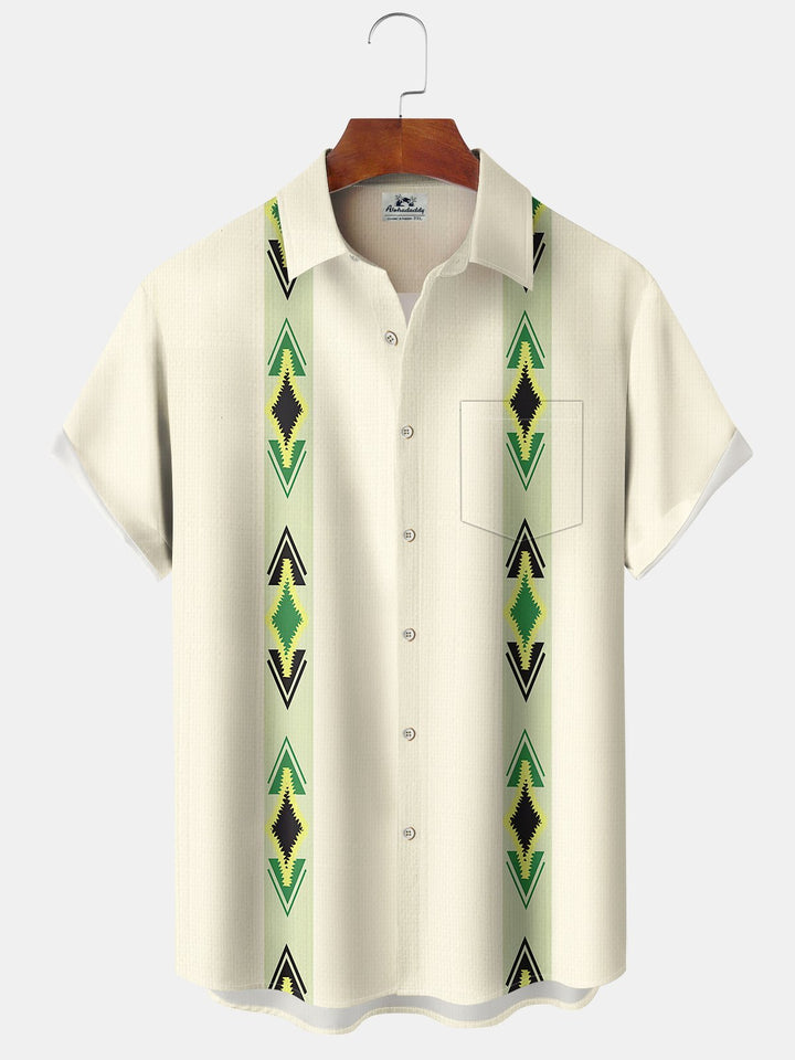 Alohadaddy Casual Collection Stripes Print Art Buttons Cardigan Pockets Fresh Stretch Polyester Short Sleeve Shirt