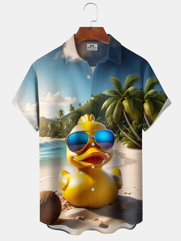 Alohadaddy Casual Collection Vacation Hawaiian Little Yellow Duck Print Art Button Cardigan Pocket Polyester Stretch Short Sleeve Shirt