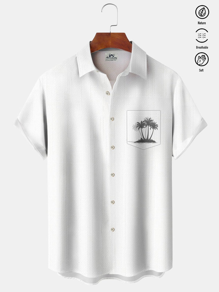 Alohadaddy Casual Everyday Basics Linen Palm Trees Print Art Button Cardigan Pockets Polyester Stretch Oversized Long Short Sleeves Shirt