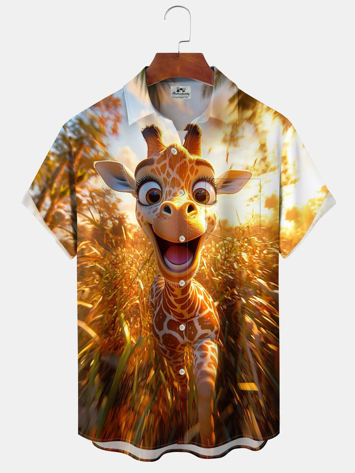 Alohadaddy Casual Hawaiian Giraffe Print Art Polyester Stretch Oversized Pocket Short Sleeve Shirt