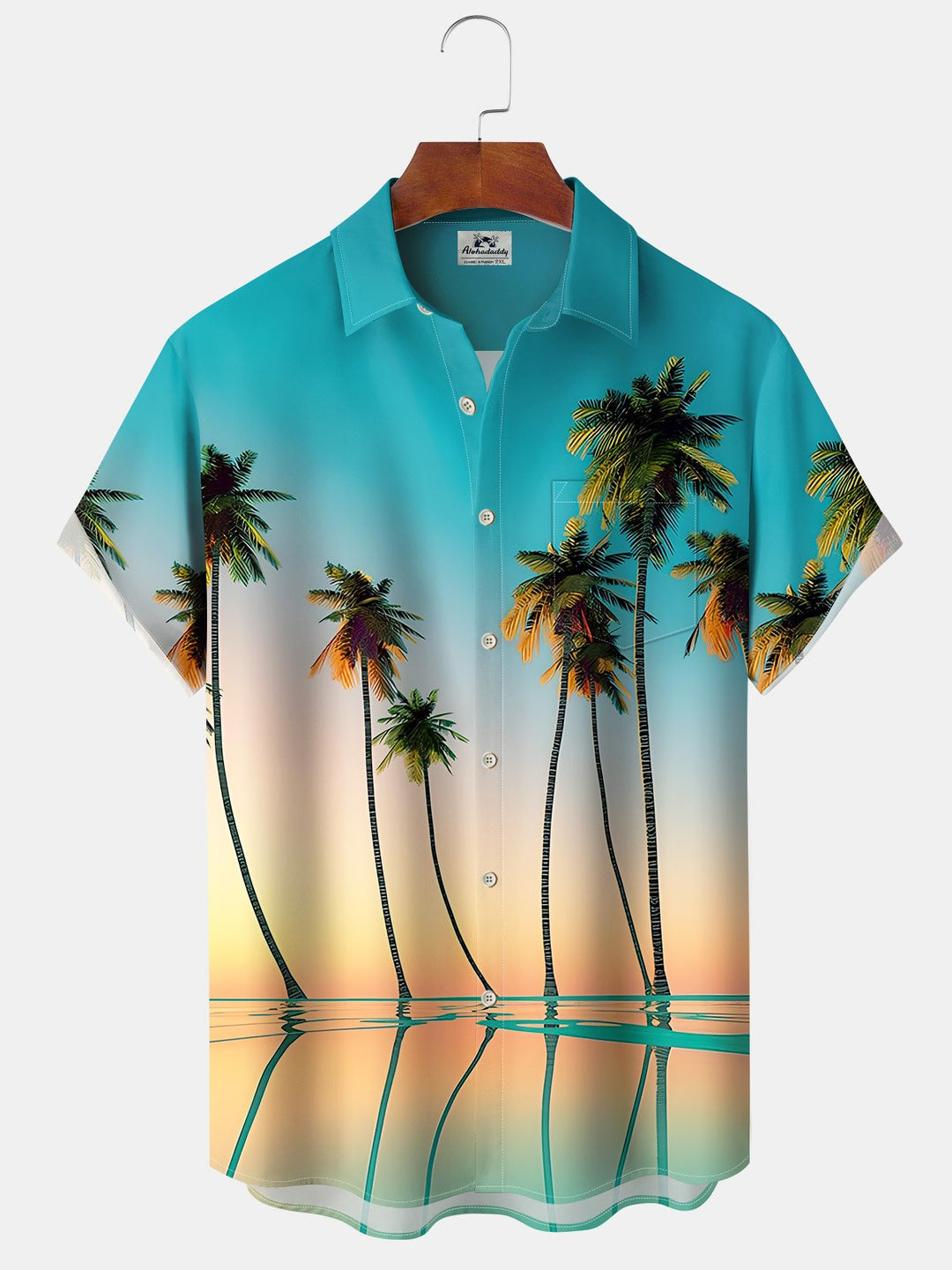 Alohadaddy Hawaiian Moisture Wicking Palm Trees Art Print Chest Pocket Stretch Short Sleeve Shirt