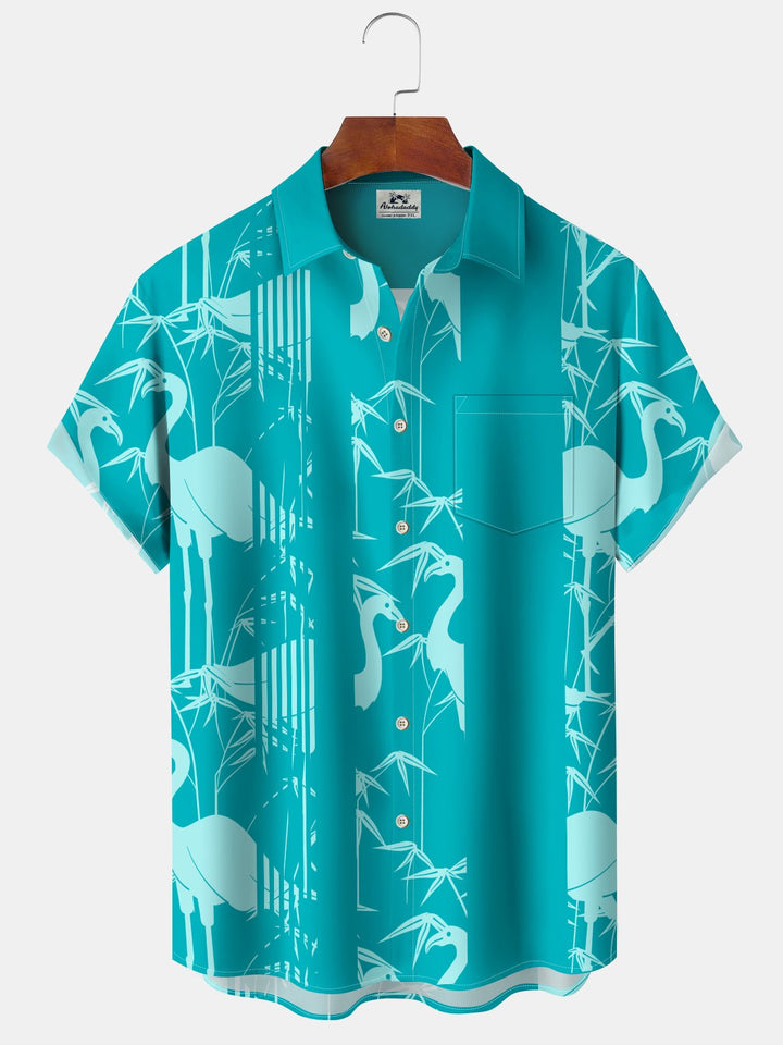 Alohadaddy® Casual Flamingo Stripes Resort Art Print Chest Pocket Moisture Wicking Oversized Hawaiian Shirt