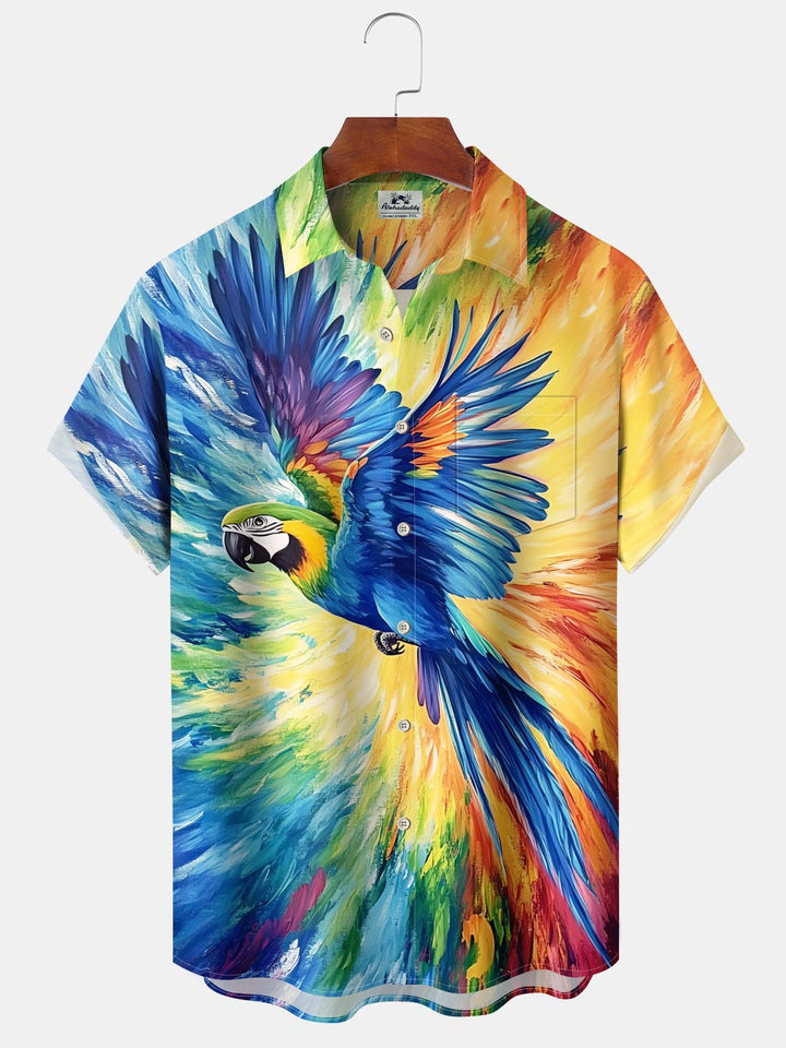 Alohadaddy® Casual Oil Painting Parrot Print Art Moisture Wicking Chest Pocket Stretch Oversized Hawaiian Shirt