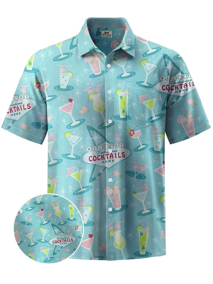 Alohadaddy® Hawaiian Cocktail Print Stretch Large Size Chest Pocket Men&
