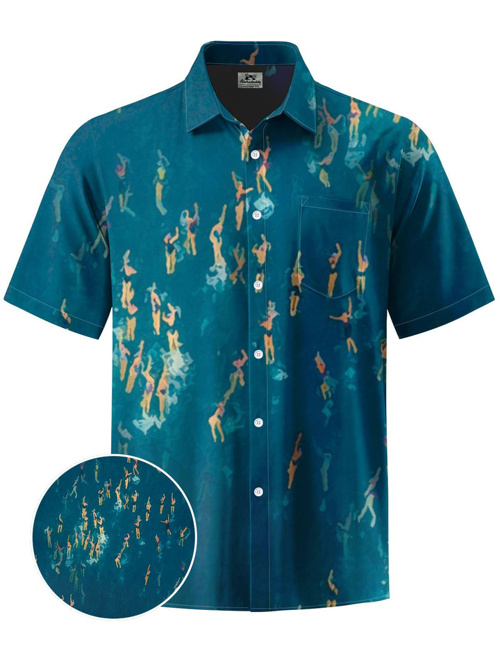 Alohadaddy® Vintage Swimming Painting Print Art Chest Pocket Mens Short Sleeve Shirt Big &amp; Tall