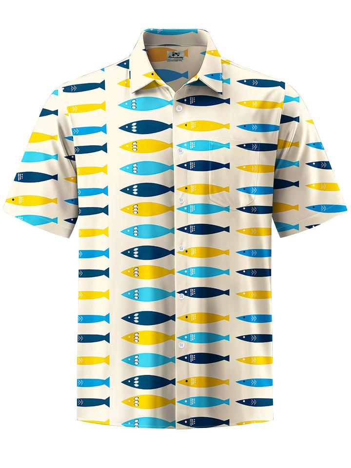 Alohadaddy® Casual Geometric Fish Art Print Chest Pocket Mens Short Sleeve Shirt Big &amp; Tall