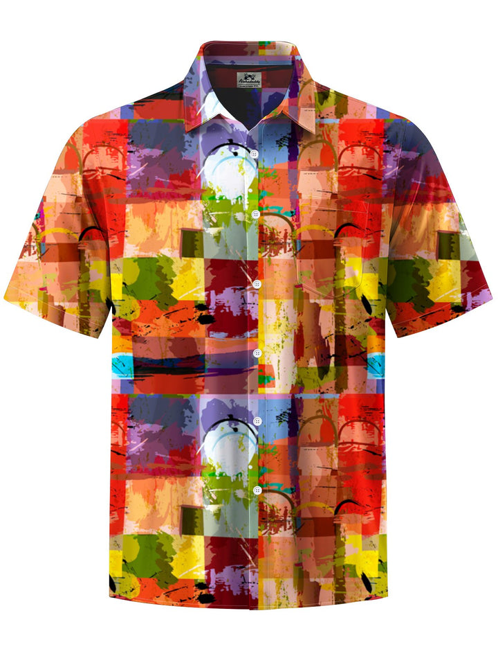 Alohadaddy® Vintage Geometric Art Print Moisture Wicking Chest Pocket Mens Short Sleeve Shirt Big &amp; Tall