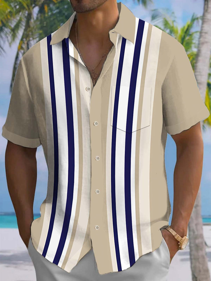 Alohadaddy® Casual Stripe Art Print Chest Pocket Stretch Men&