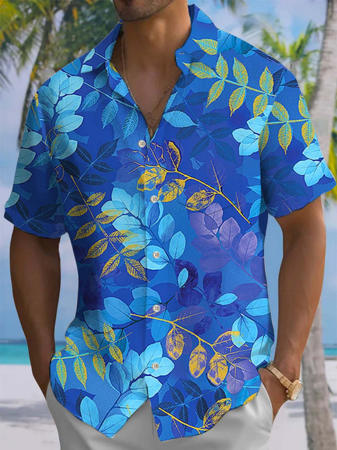 Alohadaddy® Casual Leaf Print Art Pocket Stretch Men&