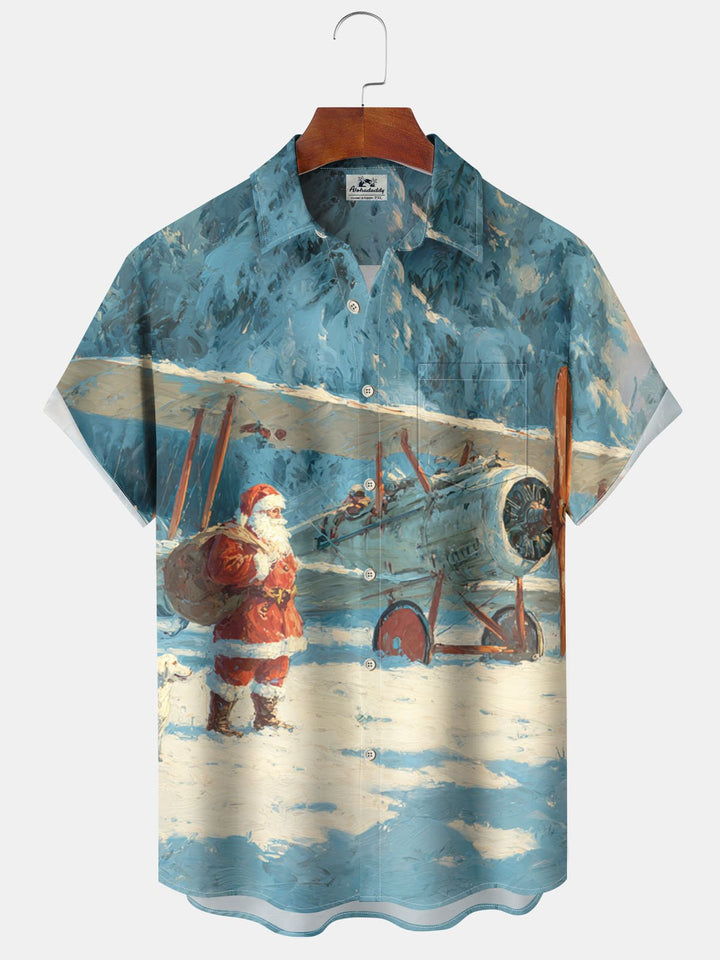 Alohadaddy® Christmas Biplane Santa Claus Printed Pocket Elastic Button Men&