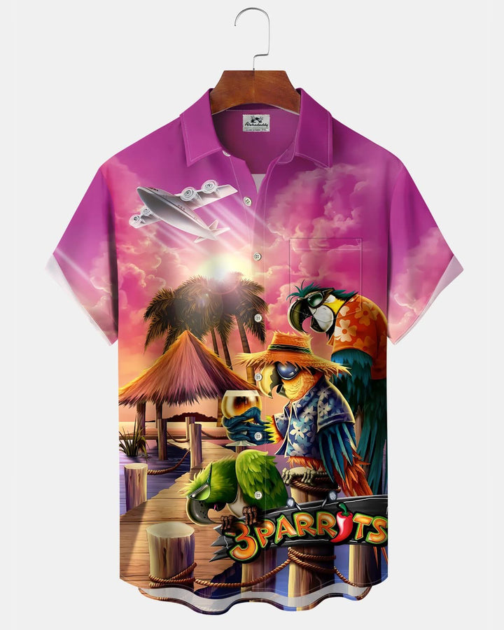 Alohadaddy® Hawaiian Parrot Cocktail Print Art Pocket Button Stretch Men&