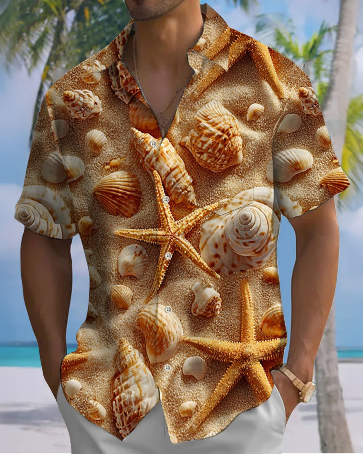Alohadaddy® Hawaiian Beach Seashell Print Artistic Stretch Button Pocket Men's Short Sleeve Shirt Big & Tall