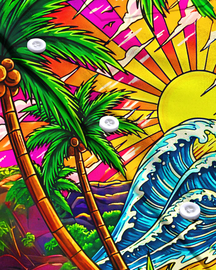 Alohadaddy® Hawaiian Beach Vacation Print Art Pocket Button Stretch Men&