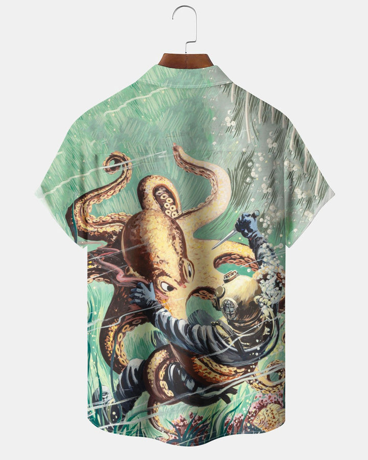 Alohadaddy® Retro Poster Octopus Print Art Pocket Button Men&