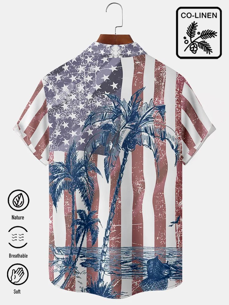 Alohadaddy Vintage Cotton American Flag Coconut Tree Print Breast Pocket Shirt Plus Size Shirt
