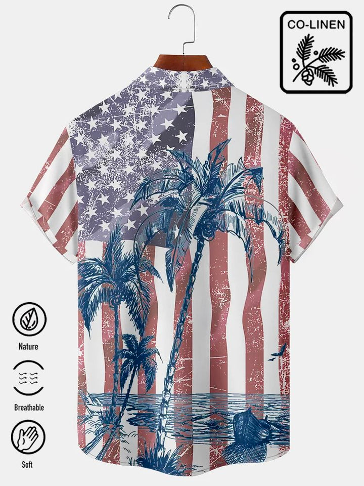 Alohadaddy Vintage Cotton American Flag Coconut Tree Print Breast Pocket Shirt Plus Size Shirt
