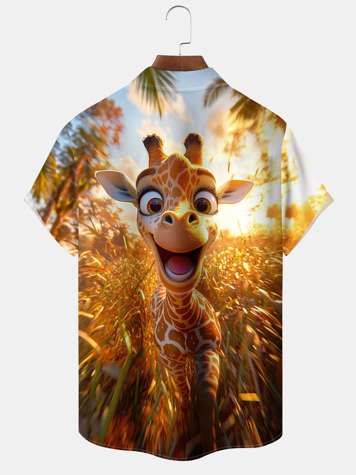 Alohadaddy Casual Hawaiian Giraffe Print Art Polyester Stretch Oversized Pocket Short Sleeve Shirt