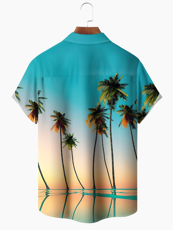 Alohadaddy Hawaiian Moisture Wicking Palm Trees Art Print Chest Pocket Stretch Short Sleeve Shirt