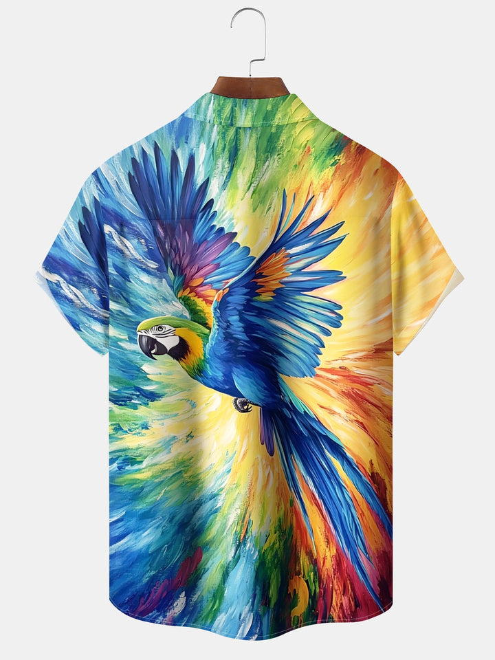 Alohadaddy® Casual Oil Painting Parrot Print Art Moisture Wicking Chest Pocket Stretch Oversized Hawaiian Shirt