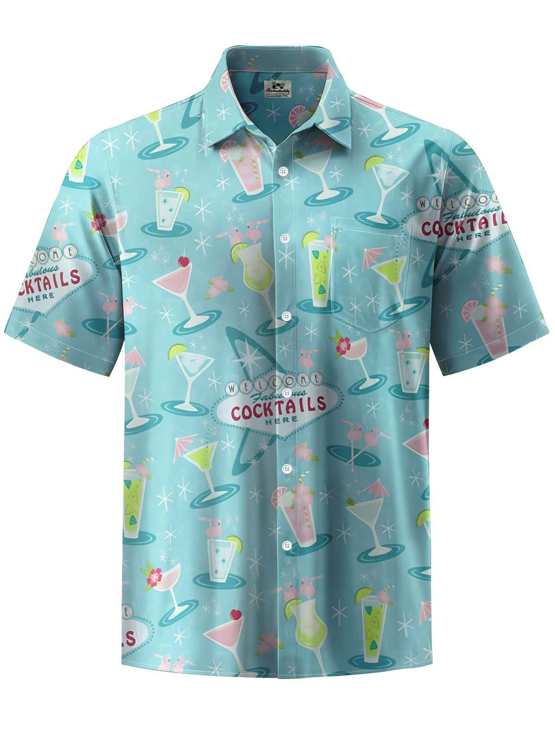 Alohadaddy® Hawaiian Cocktail Print Stretch Large Size Chest Pocket Men&