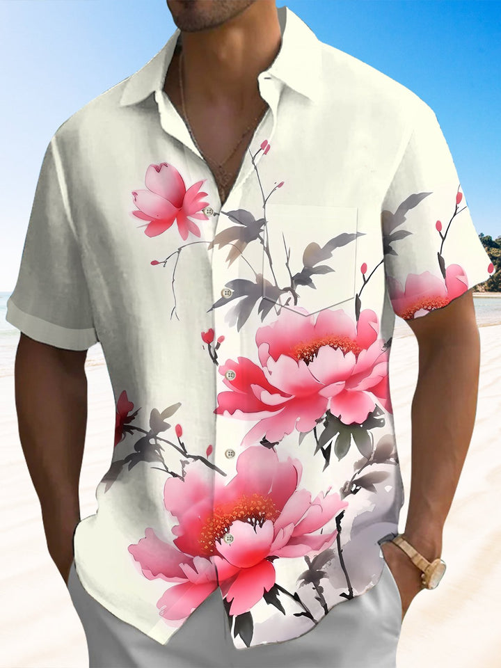 Alohadaddy® Casual Floral Art Print Chest Pocket Men&