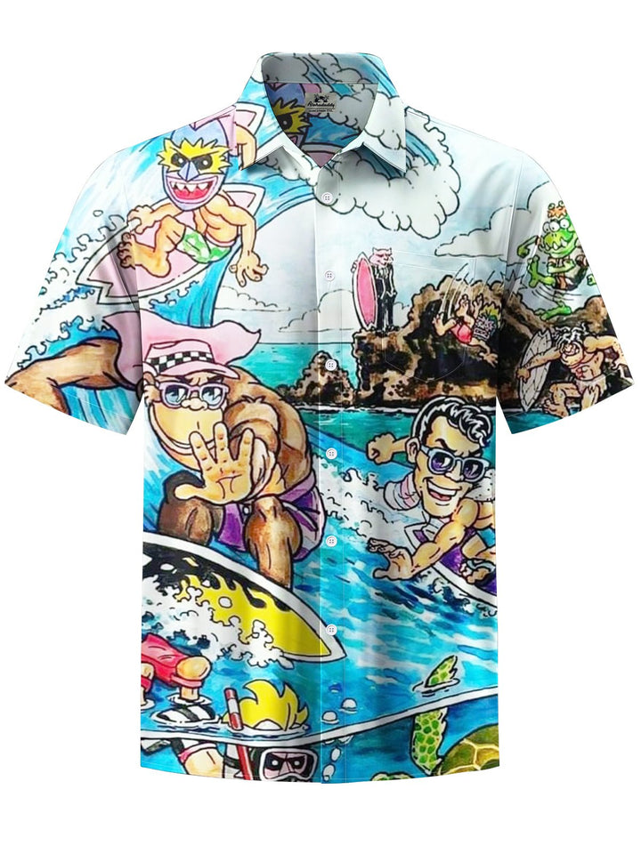 Alohadaddy® Hawaiian Surf Art Print Chest Pocket Men&