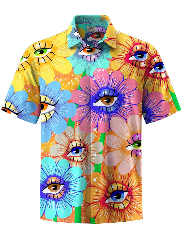 Alohadaddy® Hawaiian floral eye print chest pocket men&