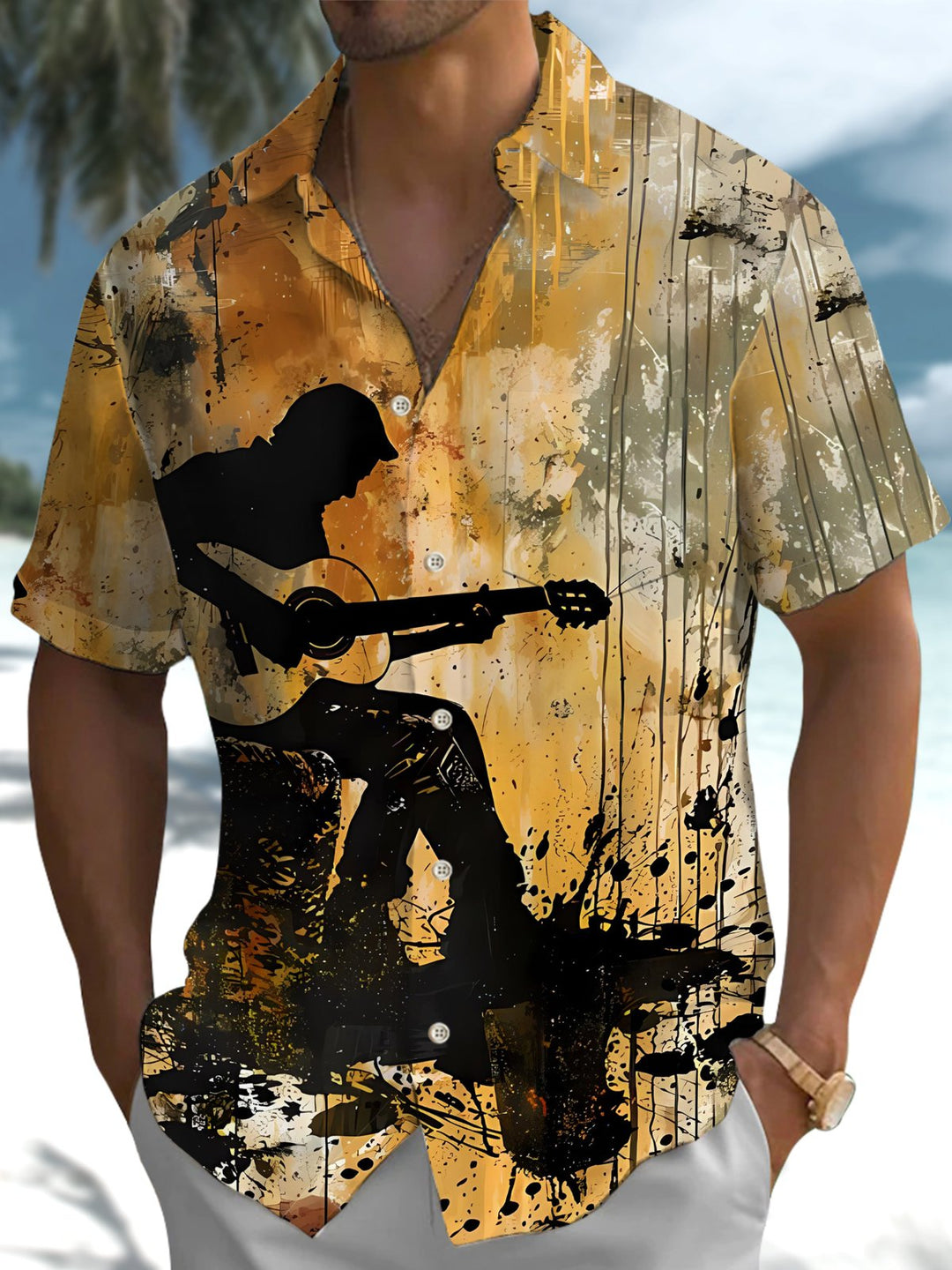 Alohadaddy® Vintage Guitar Music Print Art Pocket Stretch Men&