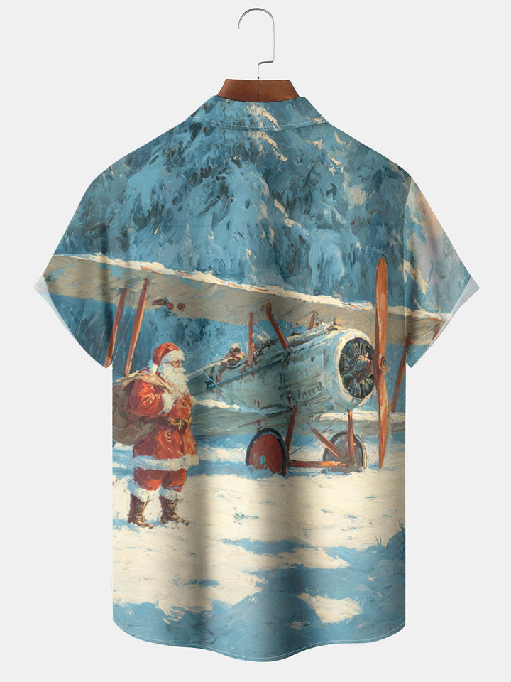Alohadaddy® Christmas Biplane Santa Claus Printed Pocket Elastic Button Men&