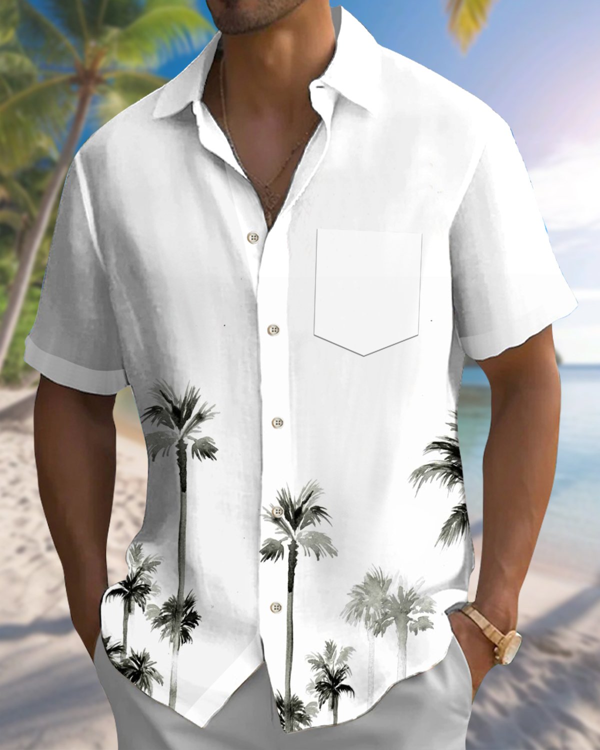 Alohadaddy® Hawaiian Palm Tree Graphic Print Pockets Elastic Button Closure Men's Long Sleeve Shirt Big & Tall