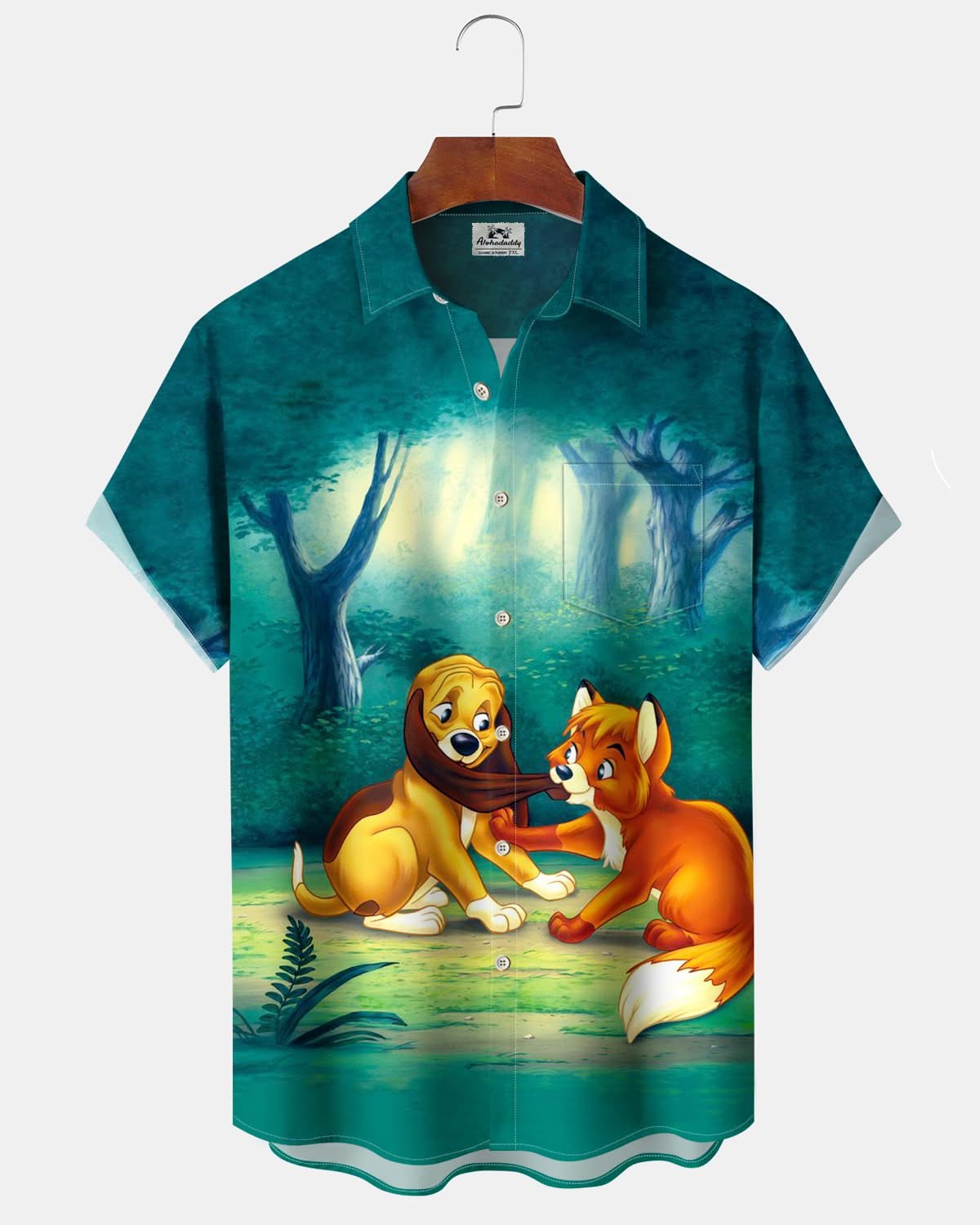 Alohadaddy® Retro Cartoon Animal Art Pocket Elastic Button Men's Short Sleeve Shirt Big & Tall