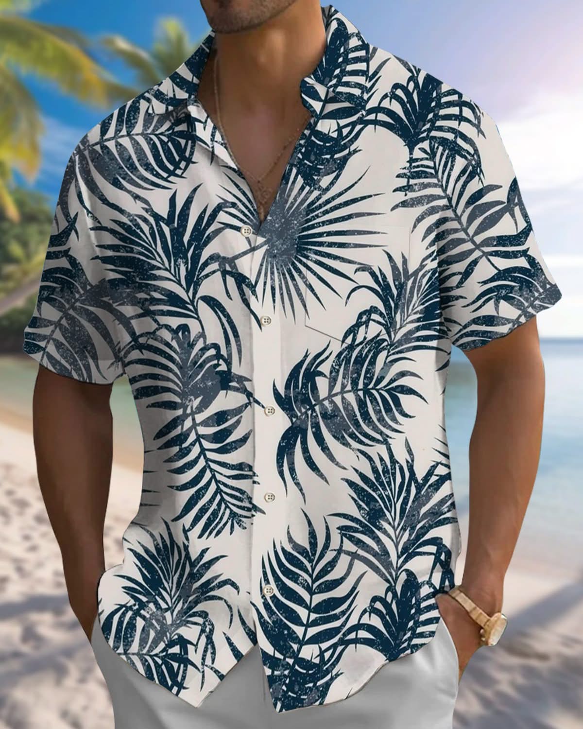 Alohadaddy® Vintage Palm Leaf Printed Stretch Pocket Men's Short Sleeve Shirt Big & Tall