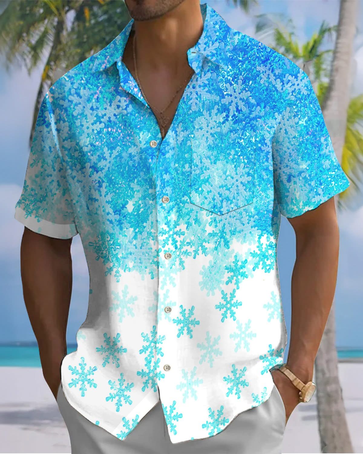 Alohadaddy® Casual Gradient Snowflake Print Pocket Elastic Button Men's Short Sleeve Shirt Big & Tall
