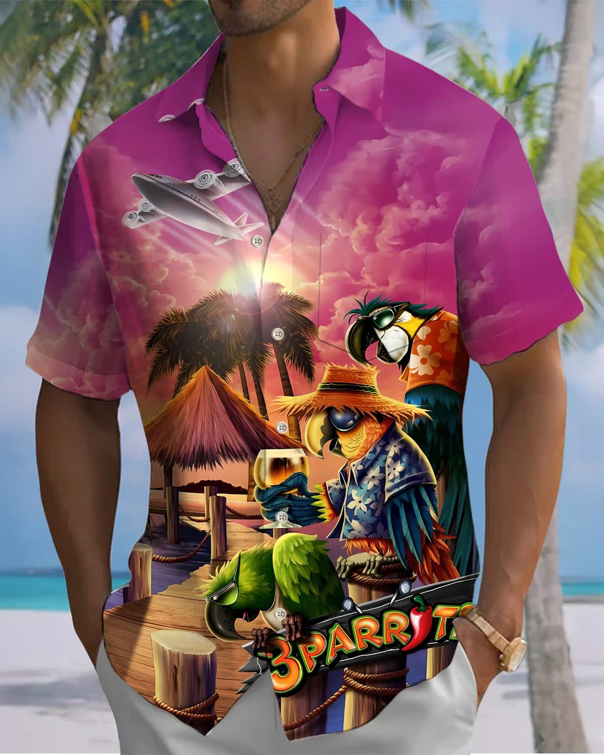 Alohadaddy® Hawaiian Parrot Cocktail Print Art Pocket Button Stretch Men's Short Sleeve Shirt Big & Tall