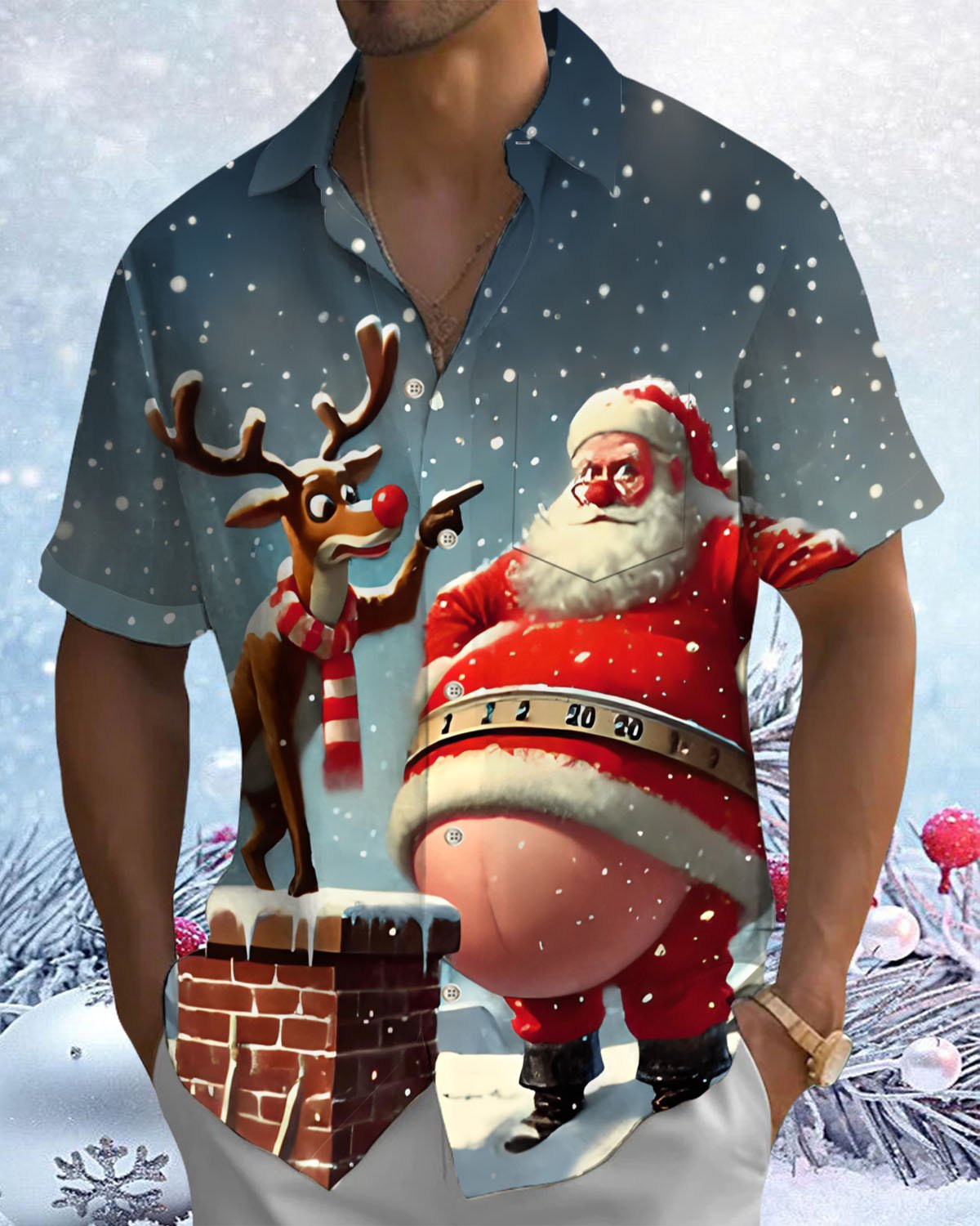 Alohadaddy® Christmas Fat Santa Claus Art Print Stretch Button Pocket Men's Short Sleeve Shirt Big & Tall