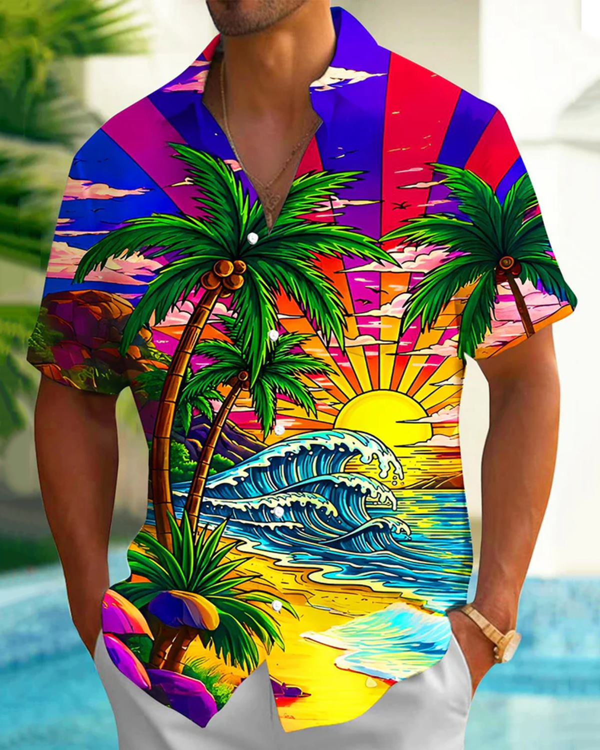 Alohadaddy® Hawaiian Beach Vacation Print Art Pocket Button Stretch Men's Short Sleeve Shirt Big & Tall